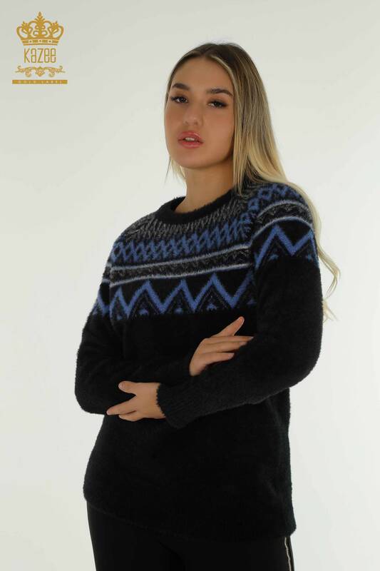 Женский вязаный свитер оптом с узором из ангоры черного цвета - 30682 | КАZEE
