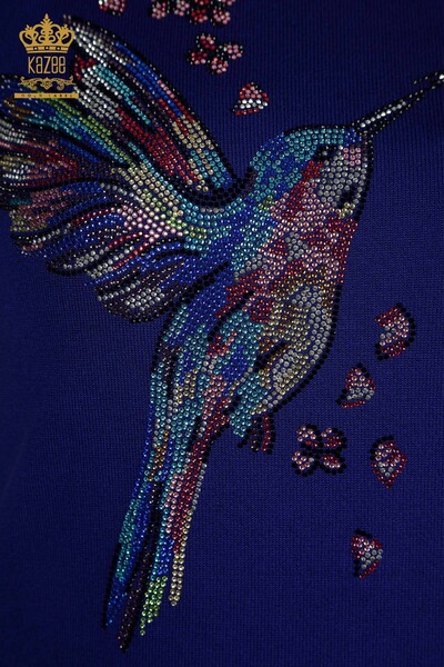 Женский вязаный свитер оптом сакс с рисунком птицы - 30456 | КАZEE - Thumbnail
