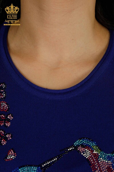 Женский вязаный свитер оптом сакс с рисунком птицы - 30456 | КАZEE - Thumbnail