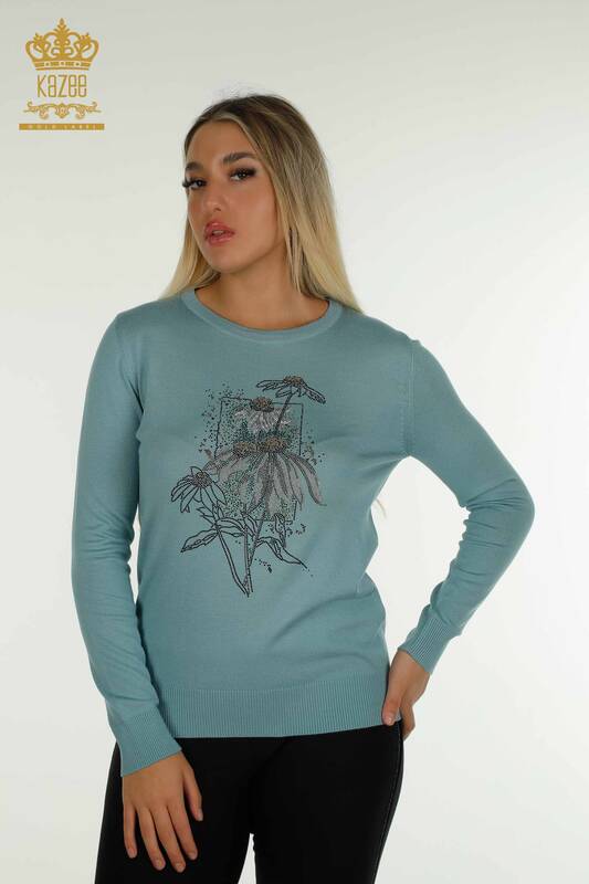 Женский вязаный свитер оптом с цветочной вышивкой, мятный - 30612 | КАZEE