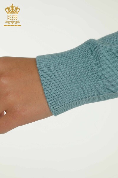 Женский вязаный свитер оптом с цветочной вышивкой, мятный - 30612 | КАZEE - 6