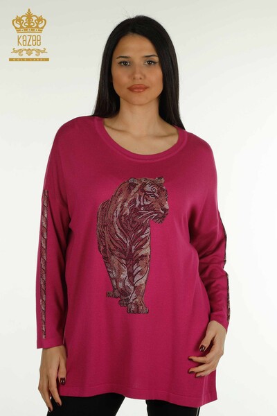 Женский вязаный свитер оптом с рисунком тигра, фуксия - 30746 | КАZEE - Thumbnail