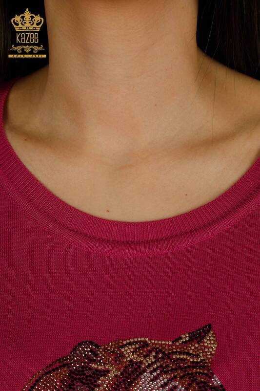 Женский вязаный свитер оптом с рисунком тигра, фуксия - 30746 | КАZEE