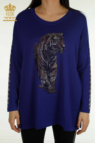 Женский вязаный свитер с рисунком тигра оптом Электрический цвет - 30746 | КАZEE - Thumbnail
