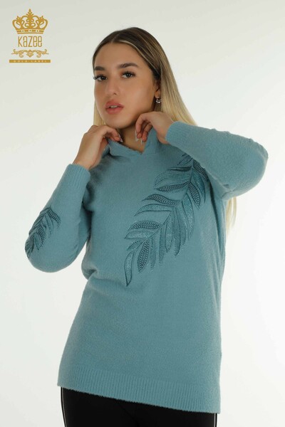 Женский вязаный свитер с капюшоном из ангоры мятный оптом - 40008 | КАZEE - Thumbnail