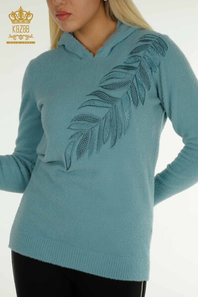 Женский вязаный свитер с капюшоном из ангоры мятный оптом - 40008 | КАZEE - Thumbnail
