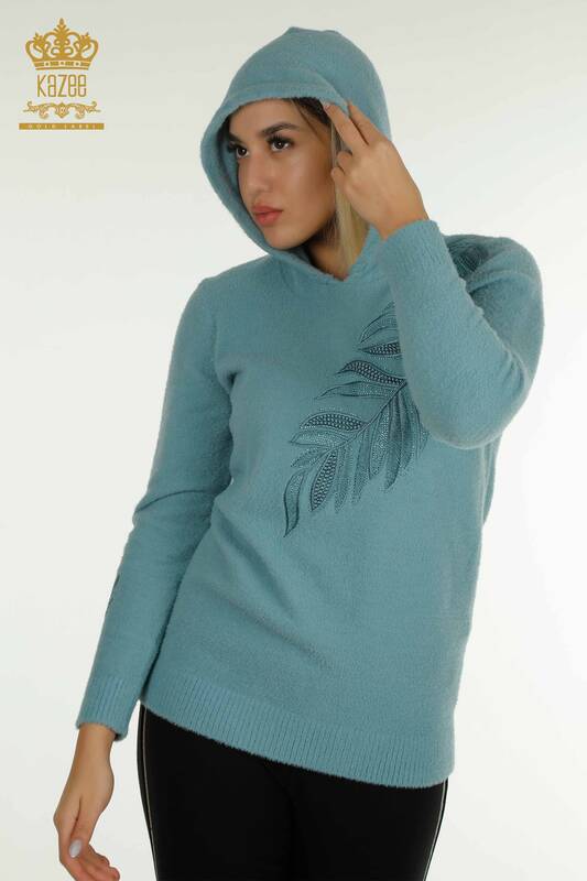 Женский вязаный свитер с капюшоном из ангоры мятный оптом - 40008 | КАZEE