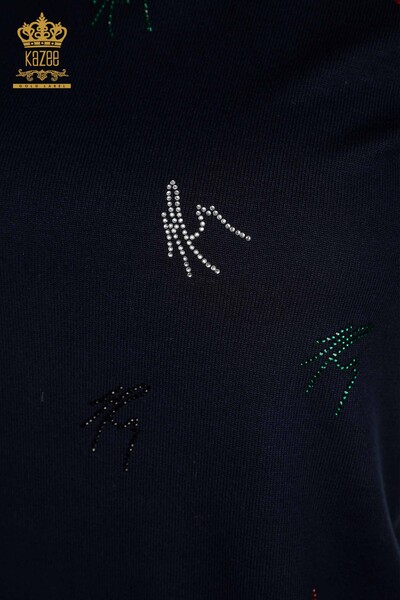 Женский вязаный свитер оптом, цветной, с вышивкой камнями, темно-синий - 30327 | КАZEE - Thumbnail