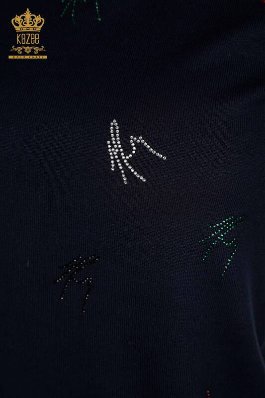 Женский вязаный свитер оптом, цветной, с вышивкой камнями, темно-синий - 30327 | КАZEE