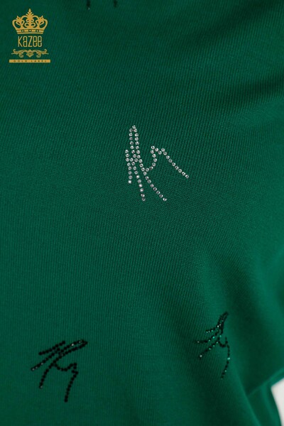 Оптовая продажа женского трикотажного свитера с разноцветной каменной вышивкой зеленого цвета - 30327 | КАZEE - Thumbnail