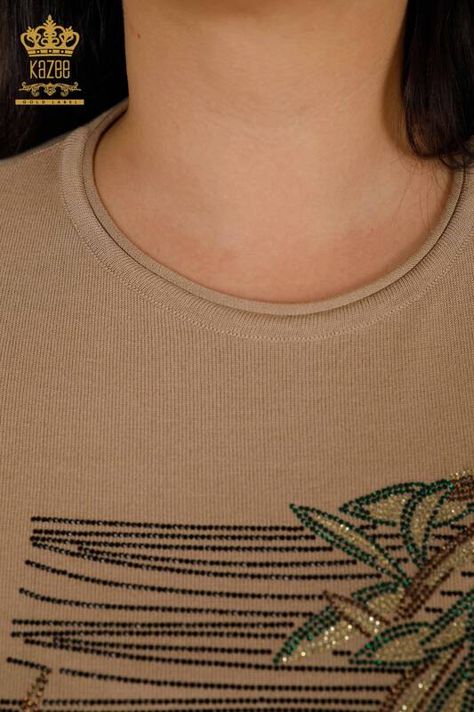 Женский вязаный свитер с цветочным узором оптом, бежевый - 30493 | КАZEE