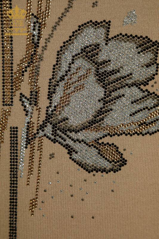 Женский вязаный свитер оптом с цветочным узором бежевого цвета - 30656 | КАZEE