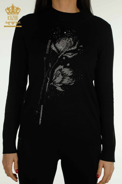 Kazee - Женский трикотаж оптом, черный свитер с цветочным узором - 30656 | КАZEE (1)