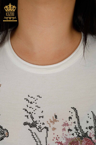 Женский вязаный свитер с цветочным узором экрю оптом - 30214 | КАZEE - Thumbnail