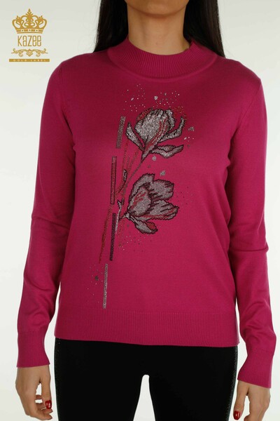 Женский трикотажный свитер оптом с цветочным узором цвета фуксии - 30656 | КАZEE - Thumbnail