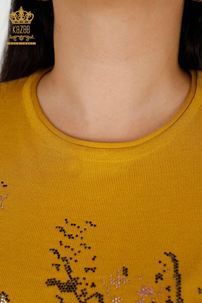 Женский вязаный свитер оптом с шафрановым цветочным узором - 30214 | КАZEE - Thumbnail