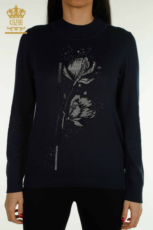 Женский вязаный свитер оптом с цветочным узором темно-синий - 30656 | КАZEE