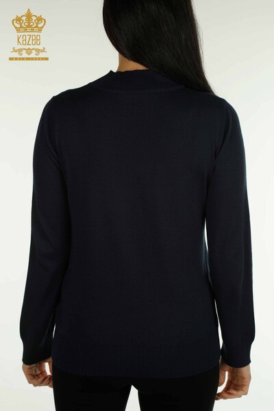 Женский вязаный свитер оптом с цветочным узором темно-синий - 30656 | КАZEE - Thumbnail