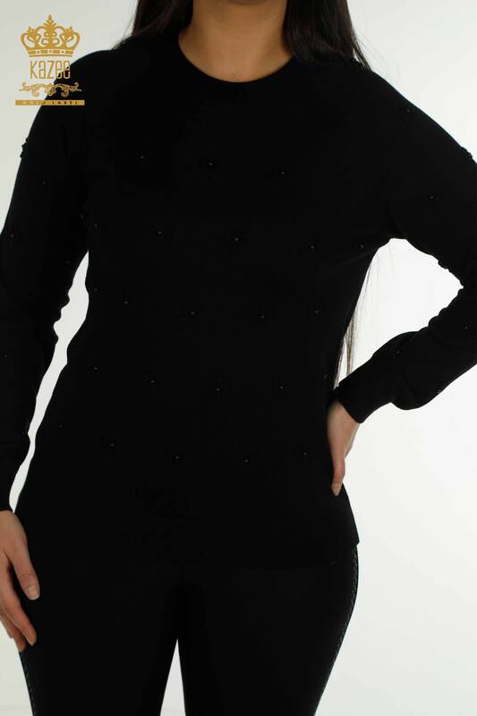 Женский вязаный свитер с цветочным принтом оптом, черный - 16876 | КАZEE