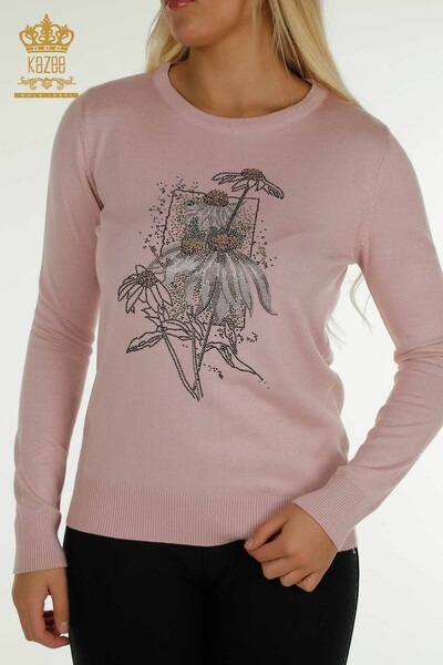 Женский вязаный свитер оптом с цветочной вышивкой Пудра - 30612 | КАZEE - Thumbnail