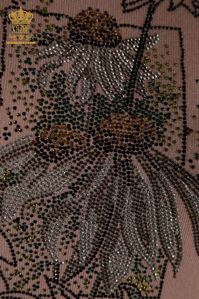 Женский вязаный свитер оптом с цветочной вышивкой Пудра - 30612 | КАZEE - Thumbnail