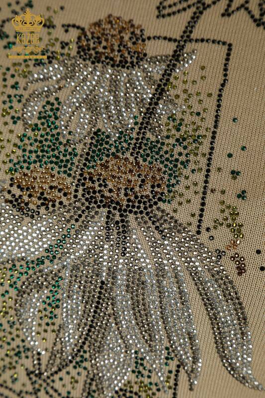 Оптовая продажа женского трикотажа Свитер с цветочной вышивкой Бежевый - 30612 | КAZEE
