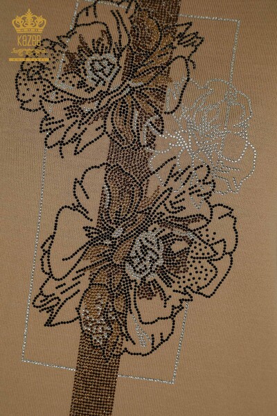 Оптовая продажа женского трикотажа Свитер с цветочной вышивкой Бежевый - 30614 | КАZEE - Thumbnail