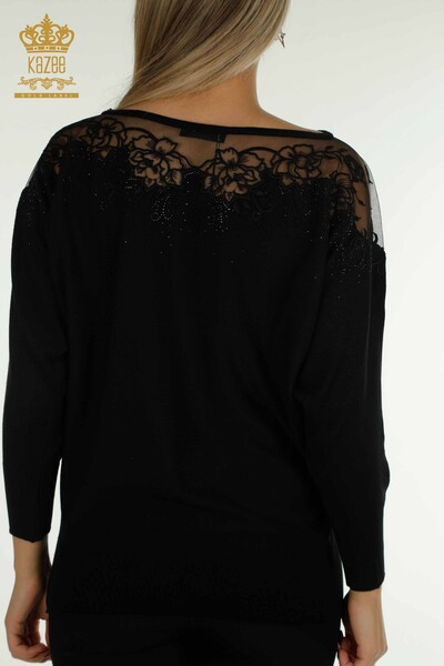 Женский вязаный свитер оптом с цветочной вышивкой черный - 30228 | КАZEE - Thumbnail