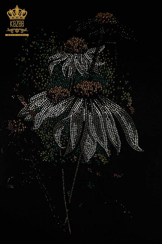 Оптовая продажа женского трикотажа Свитер с цветочной вышивкой Черный - 30612 | КАZEE