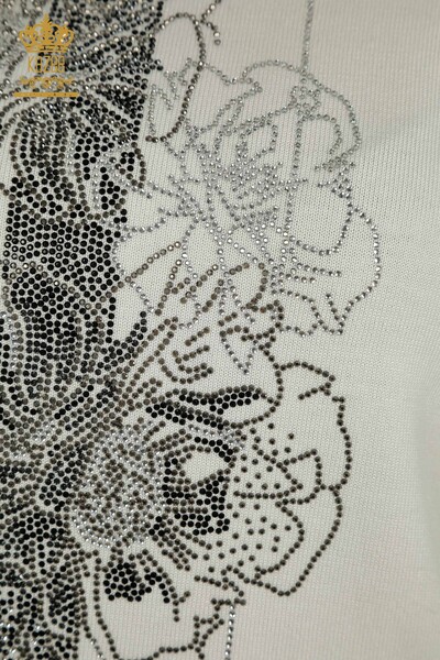 Женский вязаный свитер с цветочной вышивкой цвета экрю оптом - 30614 | КАZEE - Thumbnail
