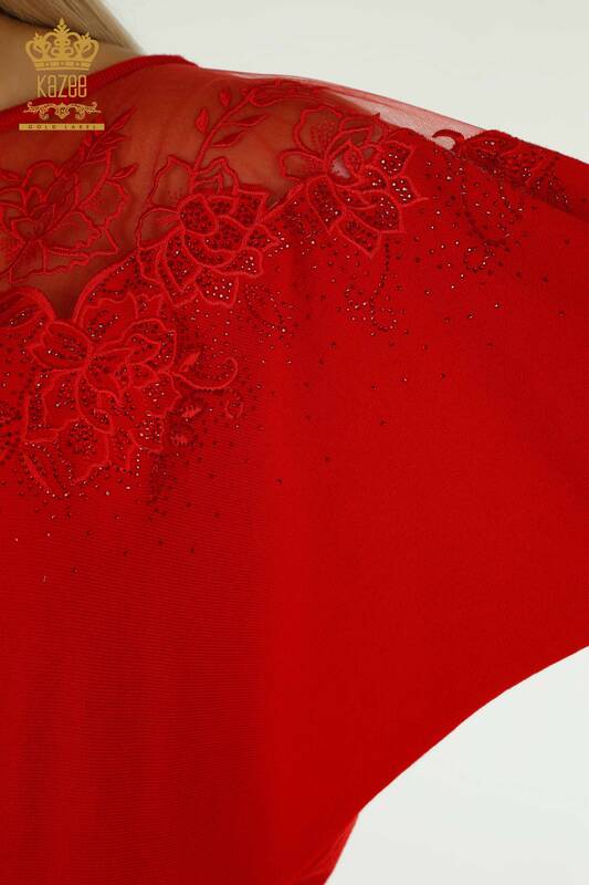 Оптовая продажа женского трикотажа Свитер с цветочной вышивкой Красный - 30228 | КАZEE