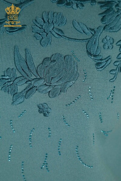 Женский трикотажный свитер с цветочной вышивкой оптом, мятный - 16849 | КАZEE - 4