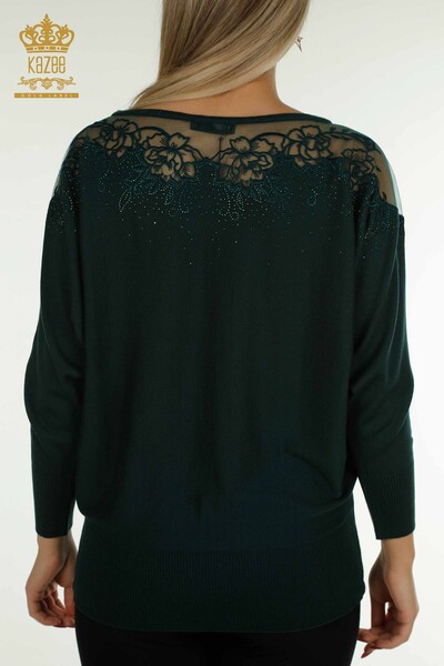 Женский вязаный свитер оптом с цветочной вышивкой Нефти - 30228 | КАZEE - Thumbnail