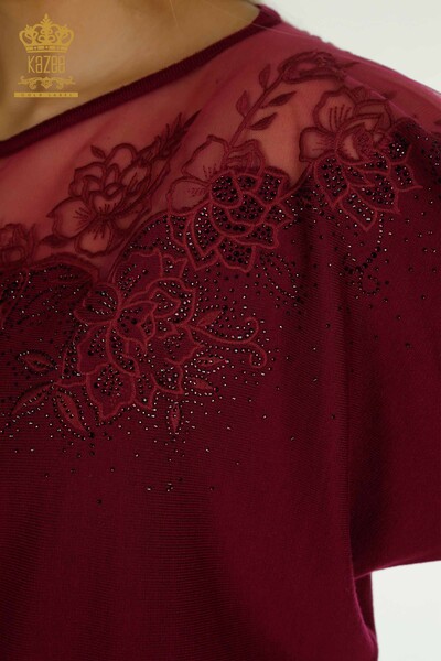 Женский вязаный свитер оптом с цветочной вышивкой Сиреневый - 30228 | КАZEE - Thumbnail