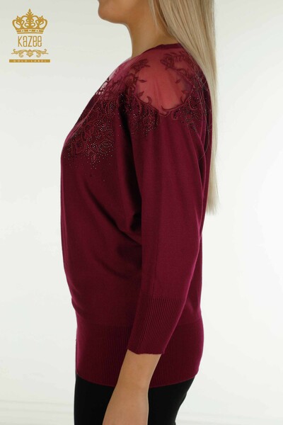 Женский вязаный свитер оптом с цветочной вышивкой Сиреневый - 30228 | КАZEE - Thumbnail