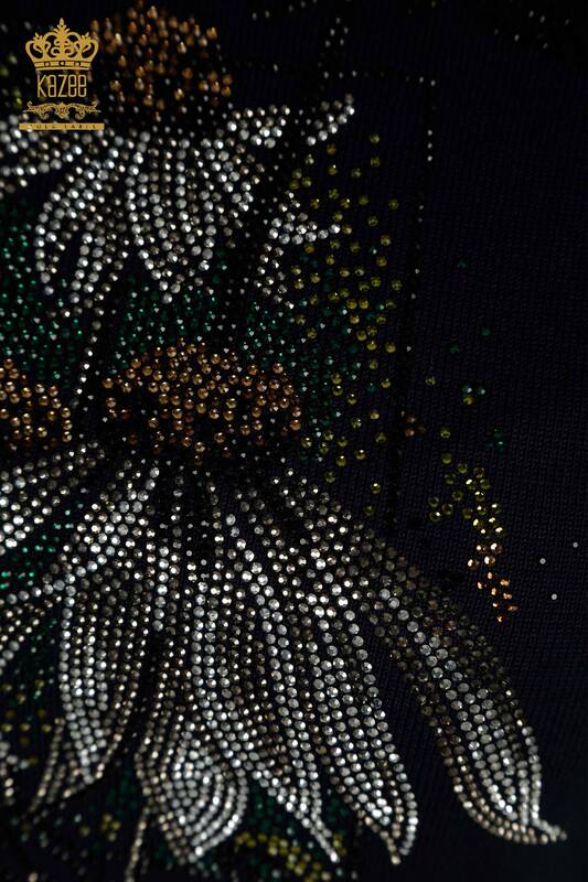 Женский трикотаж оптом Свитер с цветочной вышивкой Темно-синий - 30612 | КАZEE