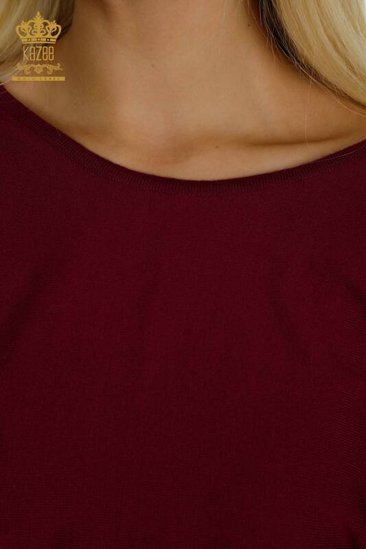 Женский вязаный свитер с деталями из тюля оптом, фиолетовый - 15699 | КАZEE