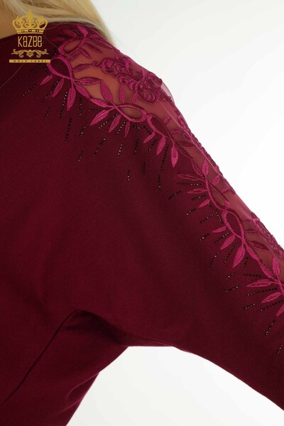 Женский вязаный свитер с деталями из тюля оптом, фиолетовый - 15699 | КАZEE - Thumbnail