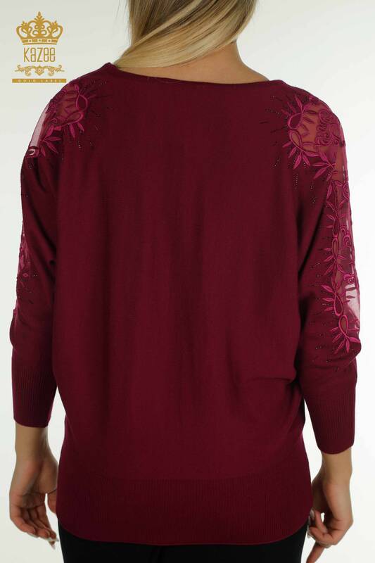 Женский вязаный свитер с деталями из тюля оптом, фиолетовый - 15699 | КАZEE