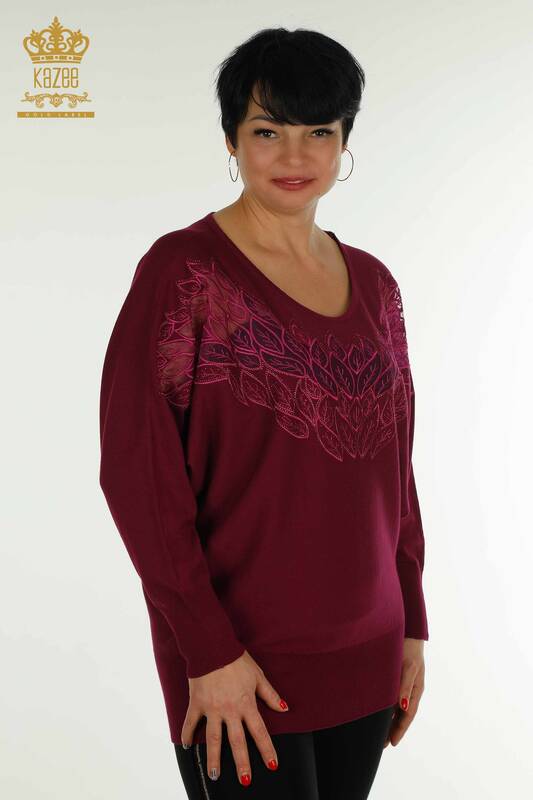 Женский вязаный свитер с деталями из тюля оптом, фиолетовый - 16942 | Кazee