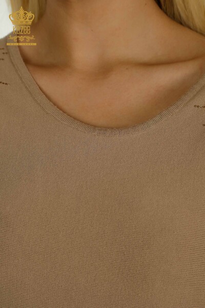 Женский вязаный свитер с деталями из тюля оптом, бежевый - 15699 | КАZEE - Thumbnail