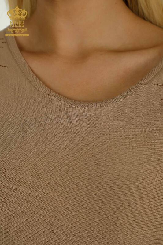Женский вязаный свитер с деталями из тюля оптом, бежевый - 15699 | КАZEE