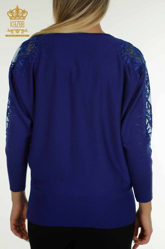 Женский вязаный свитер с деталями из тюля оптом Электрический цвет - 15699 | КАZEE