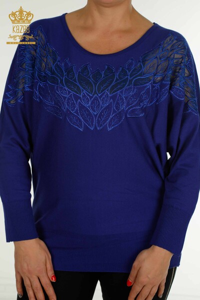 Женский вязаный свитер с деталями из тюля оптом Электрический цвет - 16942 | КАZEE - Thumbnail