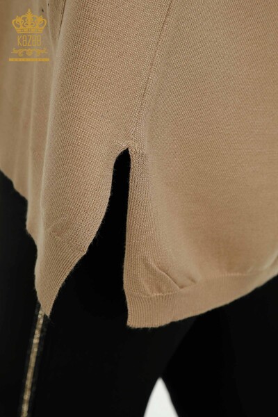 Женский трикотаж оптом, свитер в полоску с каменной вышивкой, бежевый - 30621 | КАZEE - Thumbnail