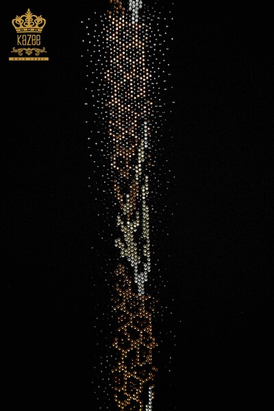 Женский трикотаж оптом, свитер в полоску с каменной вышивкой, черный - 30621 | КАZEE - Thumbnail