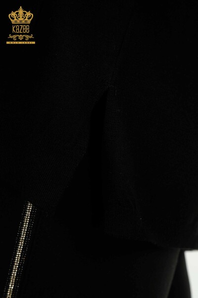 Женский трикотаж оптом, свитер в полоску с каменной вышивкой, черный - 30621 | КАZEE - Thumbnail