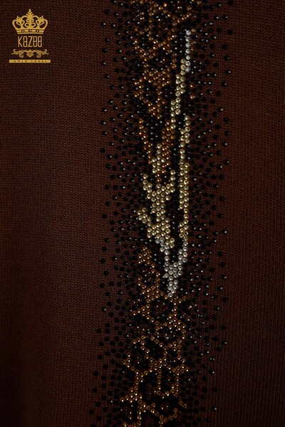 Женский вязаный свитер в полоску с каменной вышивкой коричневый оптом - 30621 | КАZEE - Thumbnail