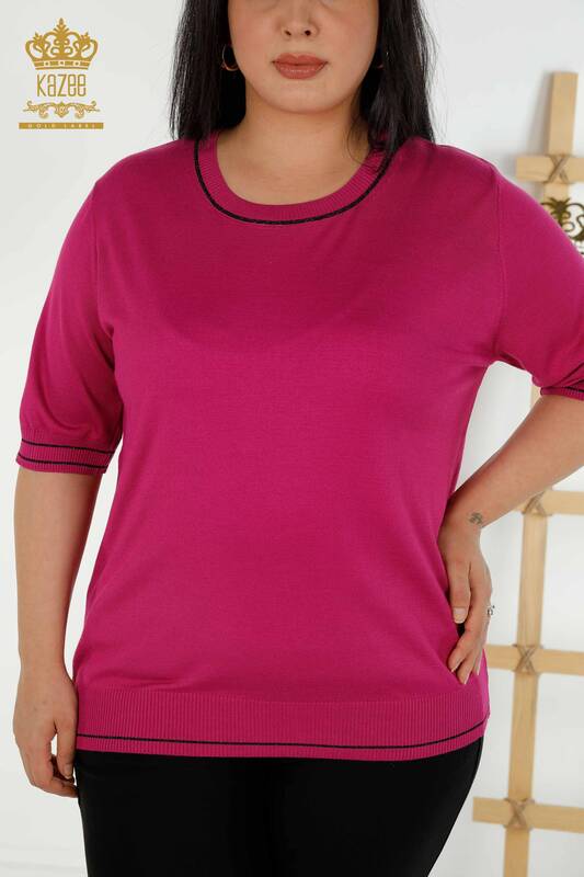 Женский вязаный свитер оптом с круглым вырезом цвета фуксии - 30407 | КАZEE