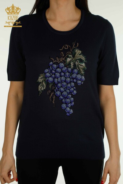 Женский вязаный свитер оптом с виноградным узором темно-синий - 30488 | КАZEE - Thumbnail